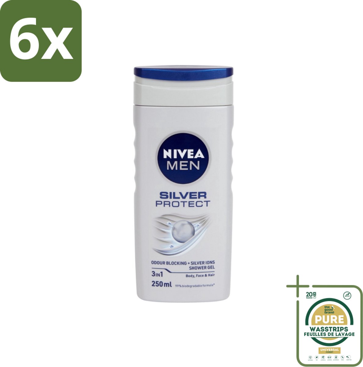Nivea Men – Douchegel – Silver Protect – 250 ml - Voordeelverpakking - 6 stuks - Frisheid - Lichaam verzorging