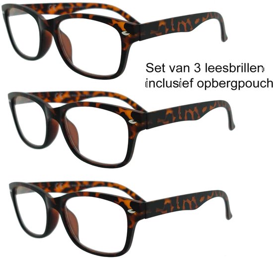 Refocus set van 3 leesbrillen +1.50 RR4001 Bruin tortoise - Dames - Heren - Leesbril - Voordeel bundel - Rechthoekig