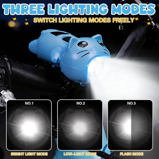 Kinderfiets Verlichting & Fietsbel (2-in-1) - USB-C Oplaadbare Fietslamp Kat - 200 Lumen - Elektrische Toeter - Accessoires Step, Loopfiets, MTB & Kinderwagen - 5 Geluiden - Veilig & Robuust - Cadeau Jongen - Blauw — afbeelding 4