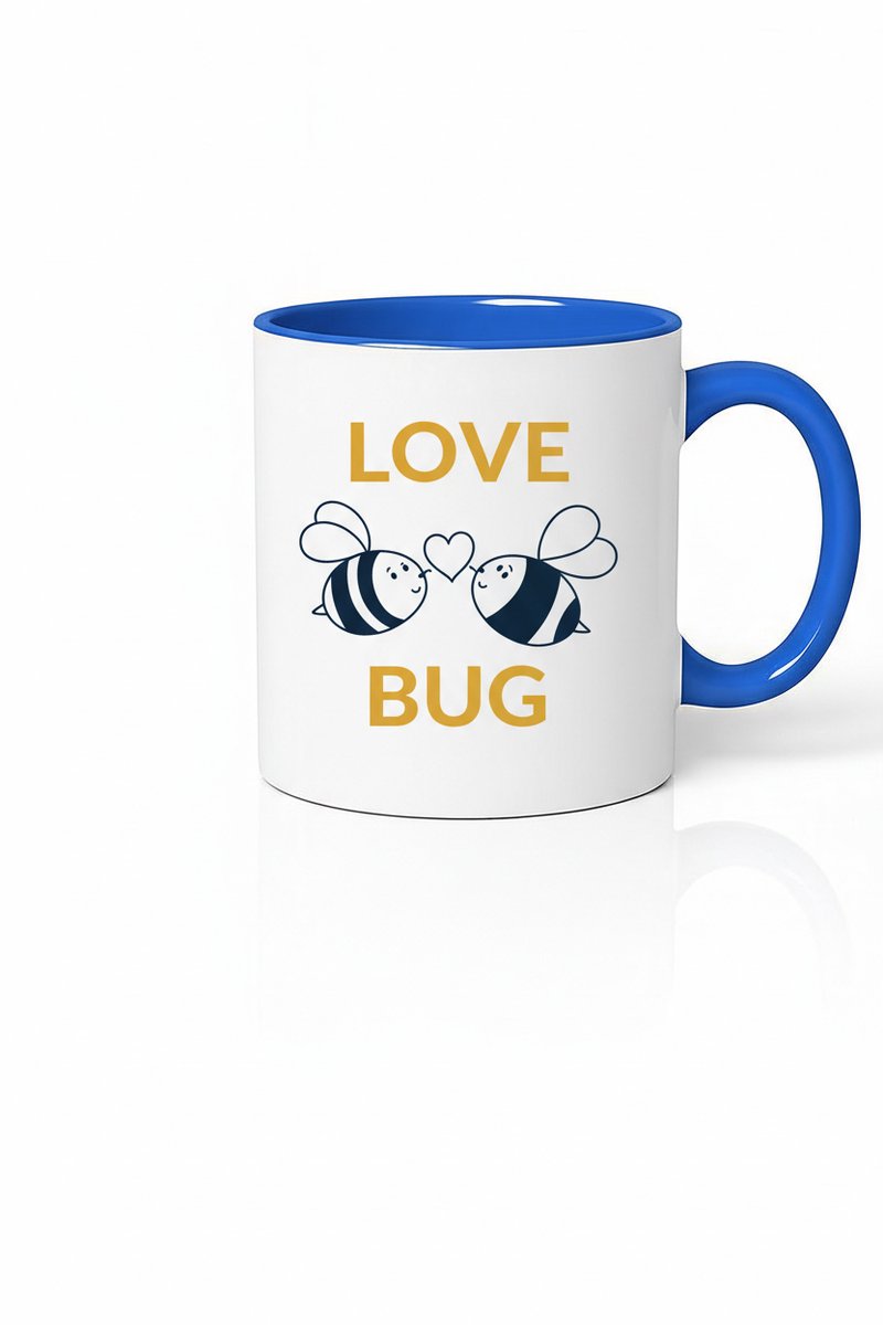 Mok 'Love Bug' met Schattige Bijen en Hartje - Blauw Wit Keramiek - Valentijn Cadeau