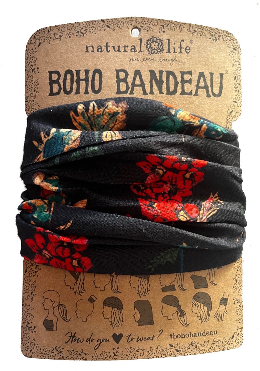 zwarte, brede Boho bandeau haarband, met rode bloemen, haarsjaal, hoofdband, bandeau topje, smal sjaaltje, rode shawl, sportband, Lovely Scarfs, kaalheid, haarband tegen de zon