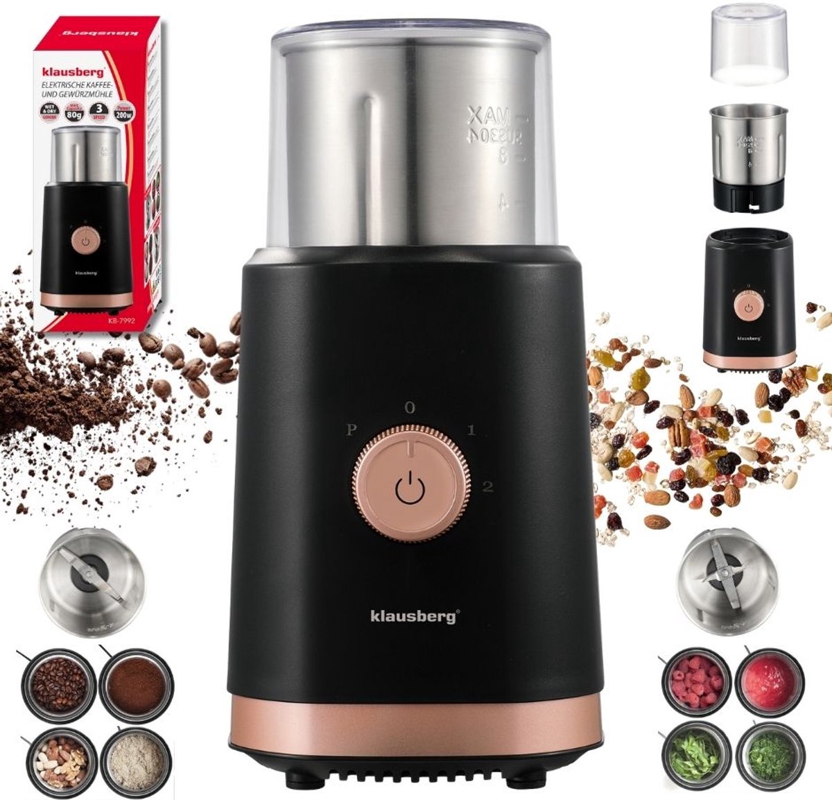 KLAUSBERG KB-7992 Elektrische 2-in-1 Koffie- en Kruidenmolen – 200W – RVS Bekers – Droog & Nat Malen – 3 Snelheden – 80g Capaciteit – zwart/Koper