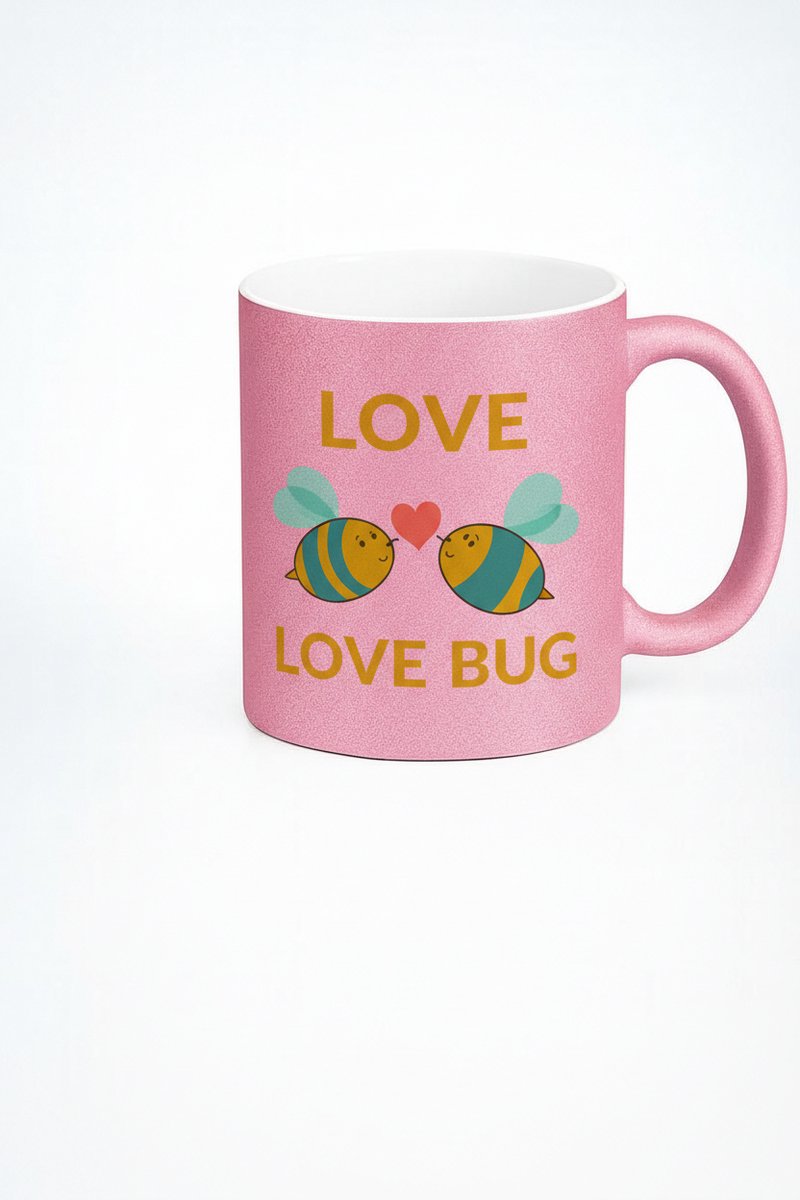 Roze Glitter Mok 'Love Bug' met Lieve Bijen en Hartje - Perfect Valentijn Cadeau