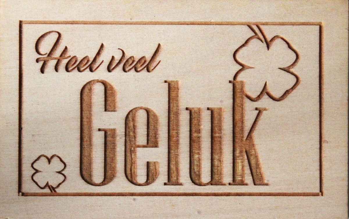 Houten Ansichtkaart - Wenskaart - Wens - Kaart - 9x14cm - Heel Veel Geluk - Klavertje - Succes