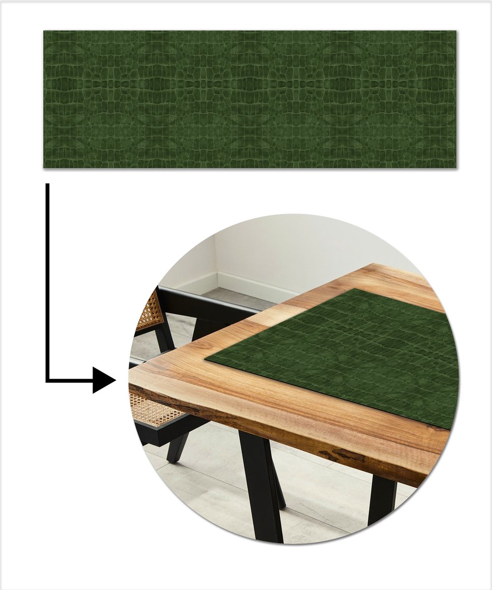 Tafelloper 150x50 cm - Tafelmat vinyl Krokodil - Leer - Groen - Tafeldecoratie - Tafelversiering - Keuken decoratie - Tafel versiering