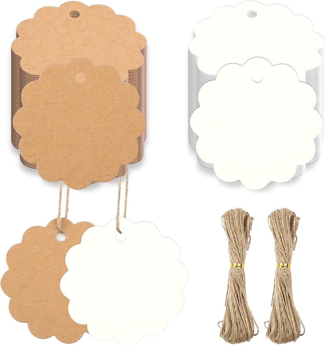 Imperatoris - Cadeau Tags - Labels - Kado Etiketten - Kraftpapier - Wit en bruin - Karton aan touwtjes - 200 stuks kraftpapieren labels - 100 stuks wit, 100 stuks bruin en 2 stukken jutetouw van 20 meter lang Rond 6 cm