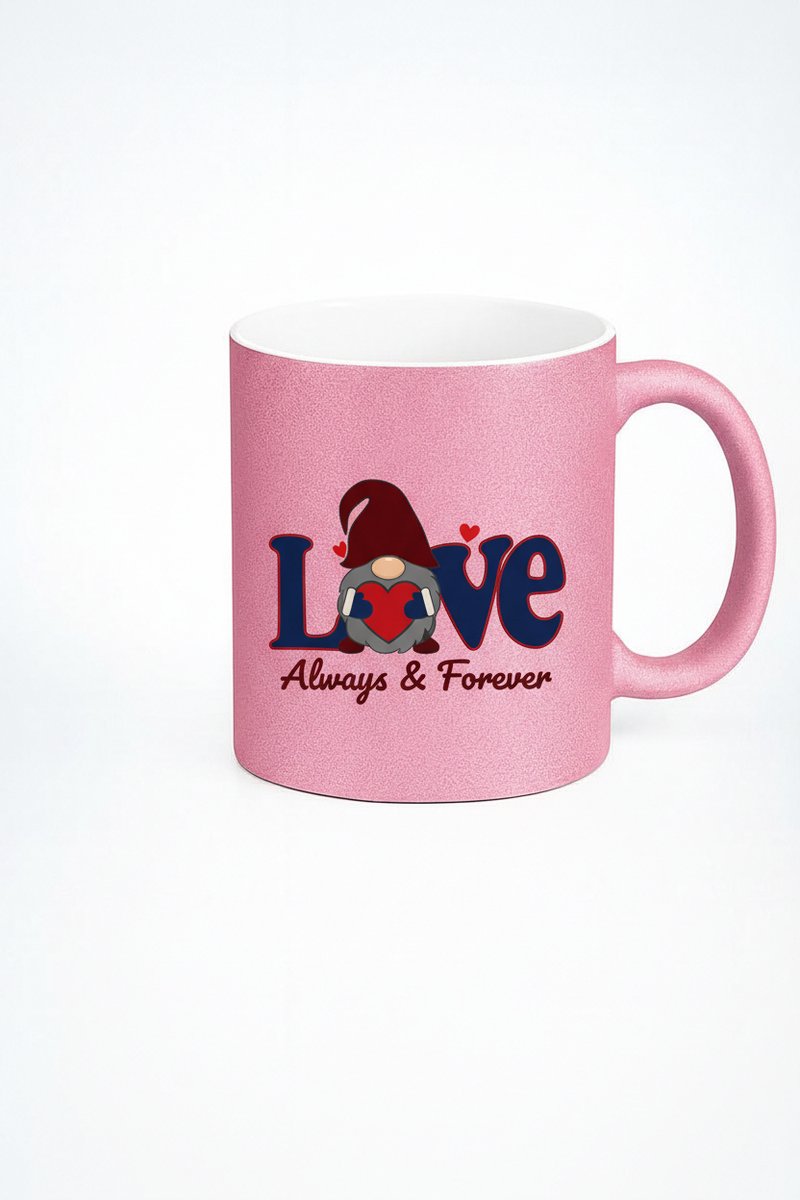 Roze Glitter Mok 'Love Always & Forever' met Kabouter Design - Valentijn Cadeau Liefdesbeker