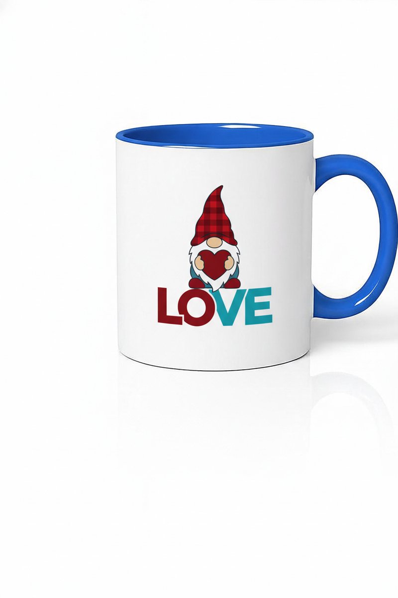 Liefdevolle Gnome Mok met Plaid Hoed en Hart - Unieke Koffiemok met Blauwe Binnenkant
