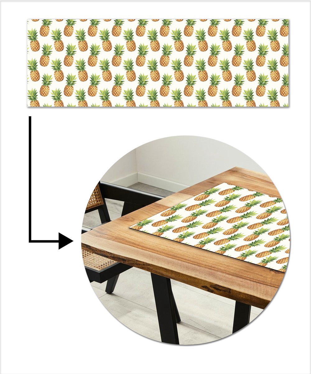 Tafelloper 150x50 cm - Tafelmat vinyl Vintage - Ananas - Blad - Tafeldecoratie - Tafelversiering - Keuken decoratie - Tafel versiering