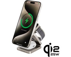 Cubenest 3-in-1 SQ312 Pro - Qi2.2 opvouwbare aluminium draadloze oplader - compatibel met Magsafe - draadloze oplader voor Apple Watch, AirPods, iPhone 12- 17 (Alle modellen) - Qi2.2-apparaten - totaal vermogen 35 W - Titanium