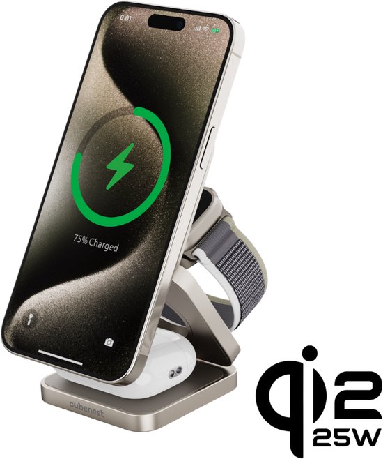 Cubenest 3-in-1 SQ312 Pro - Qi2.2 opvouwbare aluminium draadloze oplader - compatibel met Magsafe - draadloze oplader voor Apple Watch, AirPods, iPhone 12- 17 (Alle modellen) - Qi2.2-apparaten - totaal vermogen 35 W - Titanium