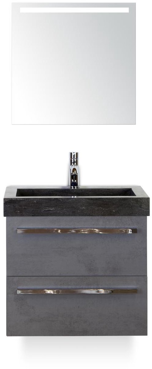 Seville Badmeubelset 60 cm - Beton Antrac - Wastafel Hardsteen Wit Lucca - met Sence Spiegel