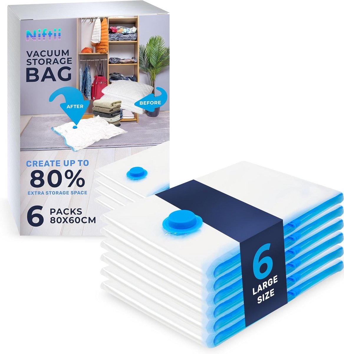 6x Grote Vacuümzakken 80x60 cm voor Kleding en Dekbedden - Ruimtebesparend en Waterdicht