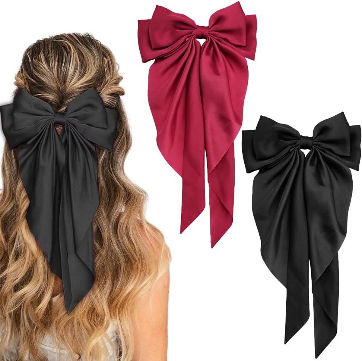 Grote Haarspeld met Lange Satijnen Strik - Elegante Haarclip voor Vrouwen