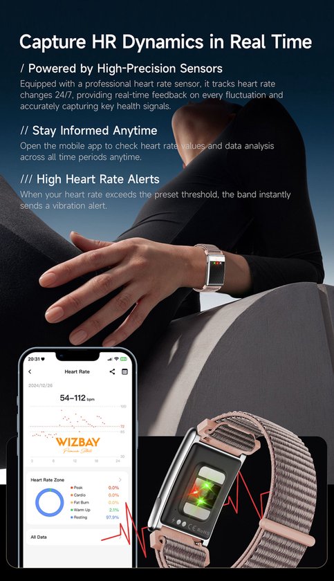 Een vrouw met een rosé gouden band en WizBay tracker, met smartphone-scherm dat hartslaggegevens toont.