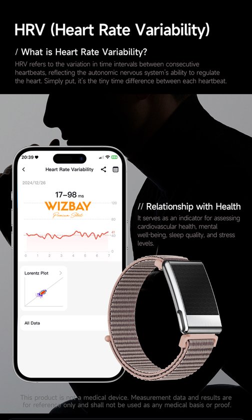 Model met rosé slimme armband met stoffen band. Toont HRV-grafiek op telefoon.