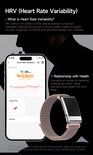 Model met rosé slimme armband met stoffen band. Toont HRV-grafiek op telefoon.
