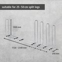 Verstelbaar zilverkleurig houtrek, 1000mm hoog, 1720-2340mm lang, 256mm breed. Geschikt voor 25-50cm gekloofd hout.