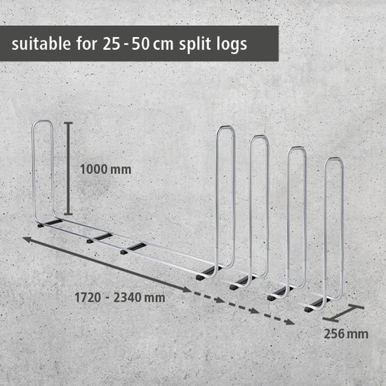 Verstelbaar zilverkleurig houtrek, 1000mm hoog, 1720-2340mm lang, 256mm breed. Geschikt voor 25-50cm gekloofd hout.