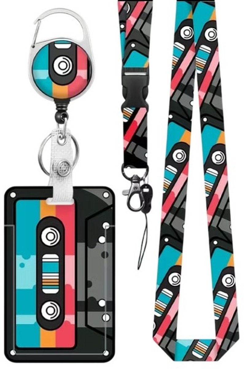 Mj Joys® – Afneembare Lanyard – Badgehouder met trekkoord - Trekkoord met Sleutelhanger - Uitschuifbare Badgehouders met Clip - Nekkoord - Telefoonkoord - Badge Houder - Badgehouder met afrolmechanisme - Cassette Retro