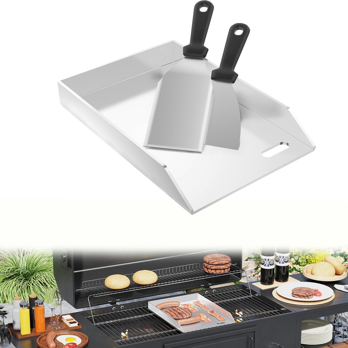 Aufun Roestvrijstalen Grillplaat - 30*45*4 cm - 2 spatels - Universele Bbq Plancha Met Vetopvangbak - Plaat Van Plaatstaal Voor Gas En Houtskoolgrill