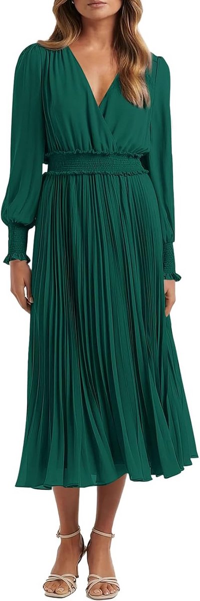 Damesjurk Midi met V-hals en Lange Mouwen - Elegante Plissé Chiffon Jurk