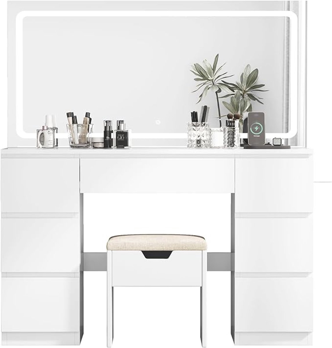 Make-uptafel met LED Spiegel 115x40x149 cm, Instelbare Kleurtemperatuur, 7 Laden, Stopcontact en Kruk – Professionele Kaptafel voor Slaapkamer en Beautyruimte – Pauwhome