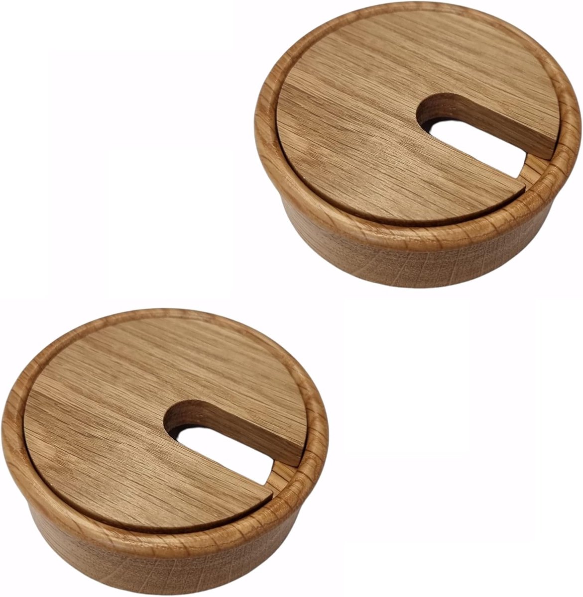 Famanu – Kabeldoorvoer eiken hout gelakt | effen | 2 ronde kabeldoorgangen | kabeldoos 80 mm | kabelgeleiding werkblad | bureaukanaal