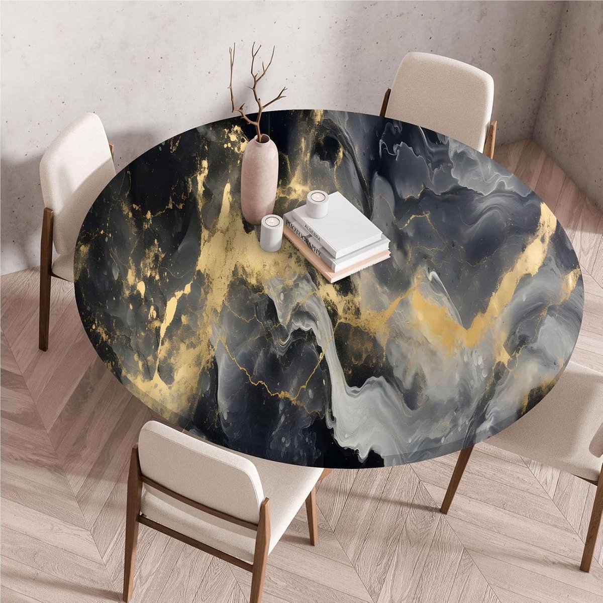 Rond Tafelkleed Elastisch en Afveegbaar met 3D Marmerlook