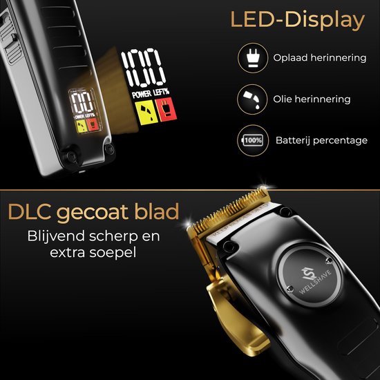 Zwarte tondeuse met gouden accenten, DLC-gecoat blad en LED-display met oplaadherinnering en batterijpercentage.