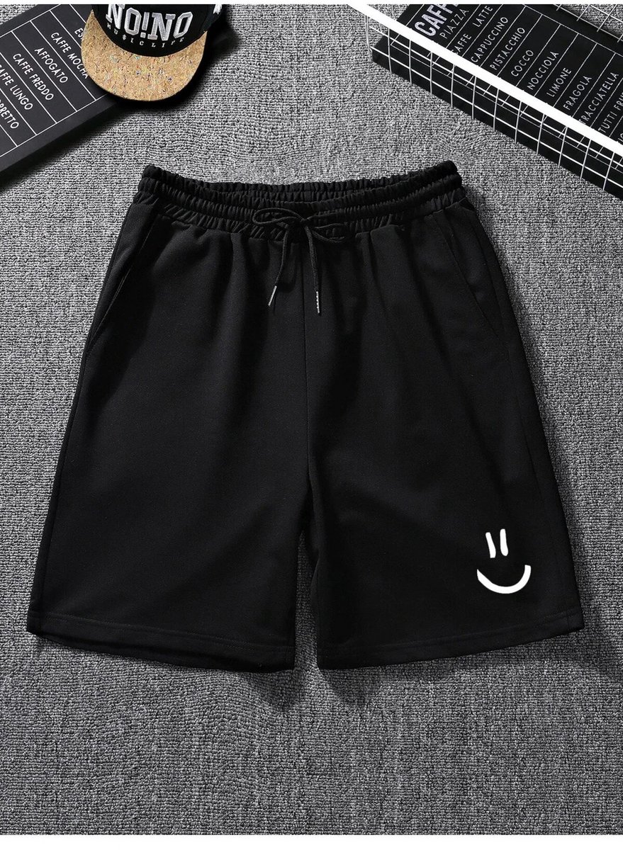 Trendy Zwarte Comfortabele Korte Broek met Elastische Taille en Stijlvolle Smiley Print voor Vrije Tijd en Sport - 2XL-3XL