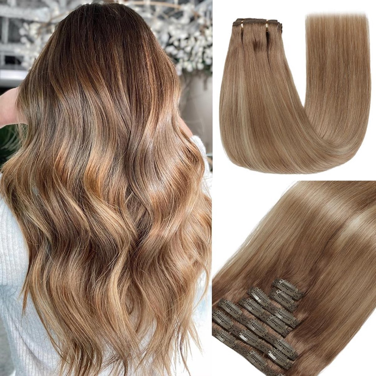 Natuurlijke Clip-in Haarverlenging Echt Haar 55 cm Lichtbruin & Goudblond Highlights