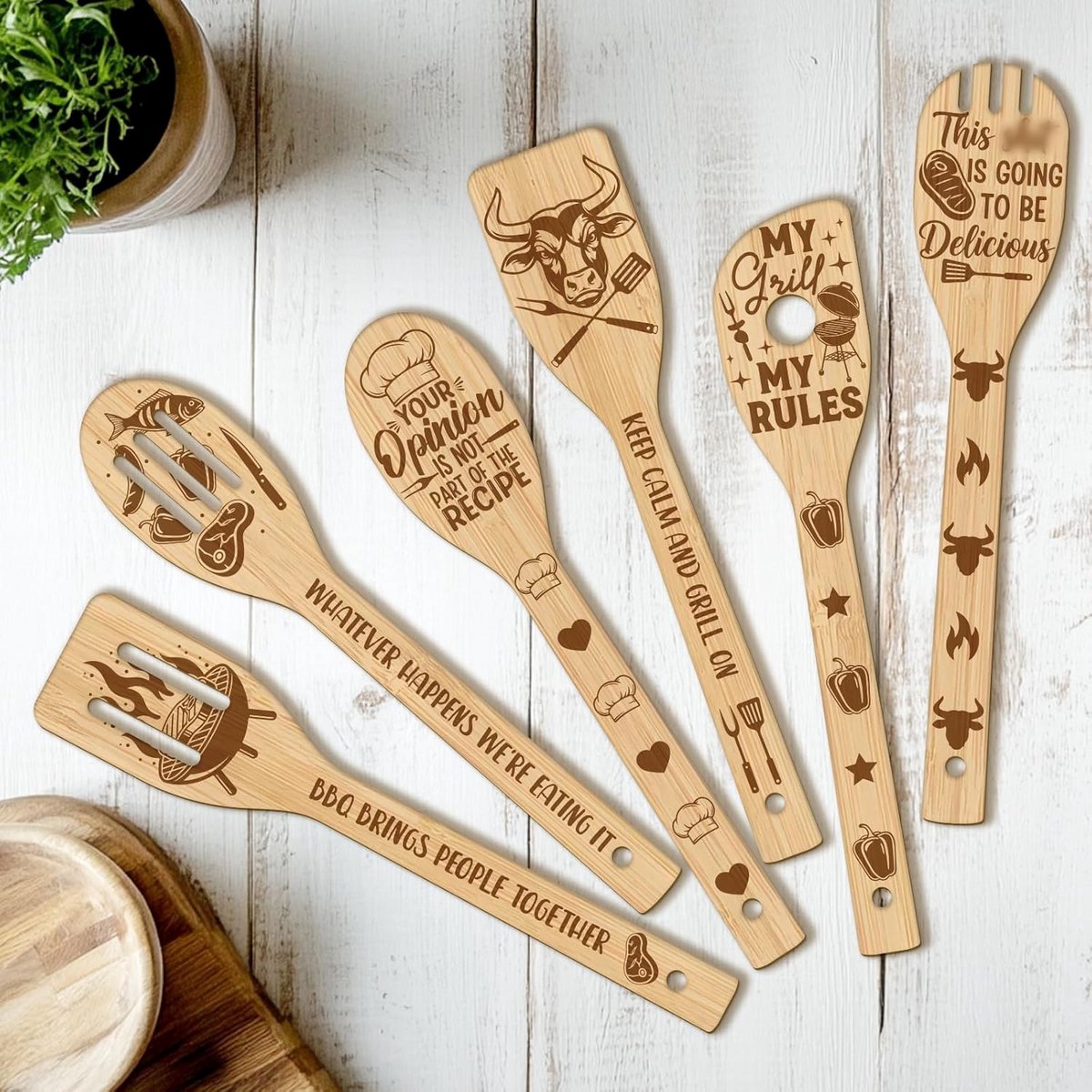 6-delige Bamboe Keukengerei Set - Houten Lepels voor Grillen en Koken
