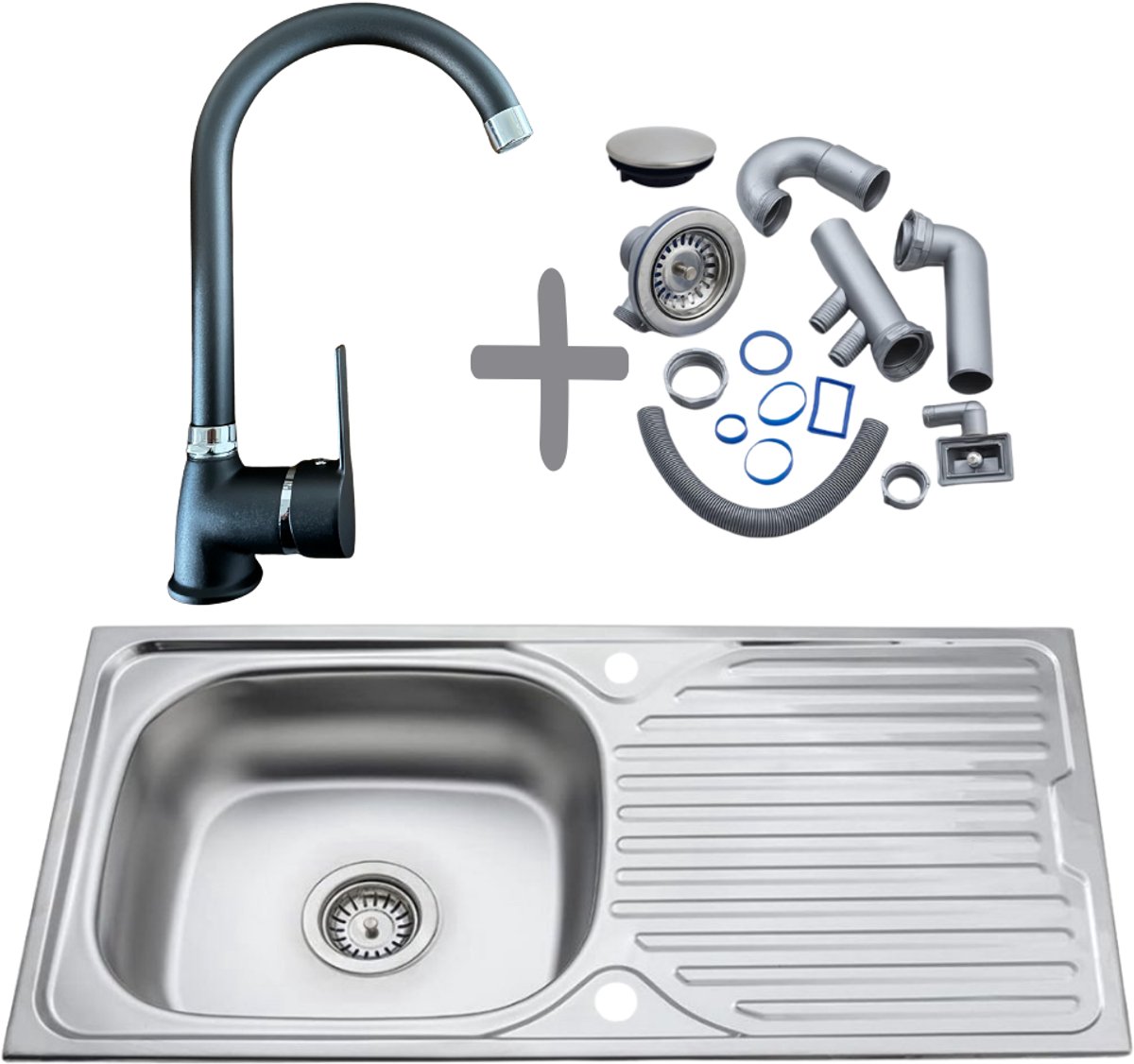 Spoelbak Keuken 86x43,5 cm met Zwart Chroom Keukenkraan – Enkele Bak met Druiprek, Sifon – Complete Inbouwset