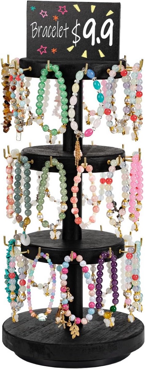 Rotary Houten Armbandhouder 3-laags Displaystandaard voor Sieraden en Sleutelhangers