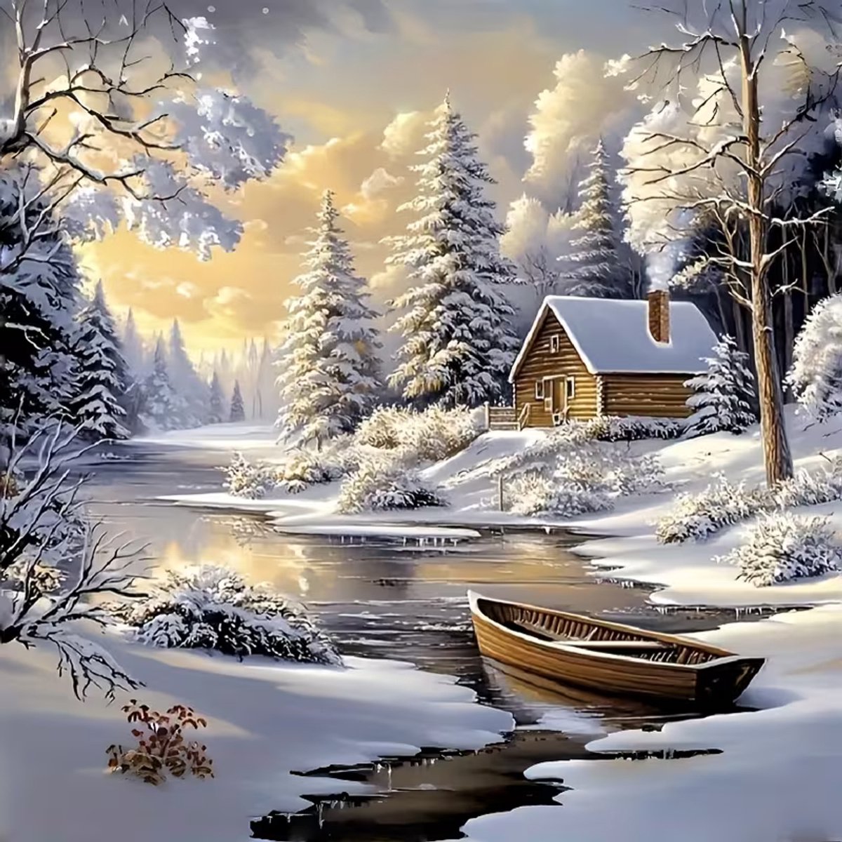 Diamond Painting Sneeuwscene - boot in ijs en bomen in de sneeuw prachtig plaatje 40 x 30 cm leuk cadeau te geven