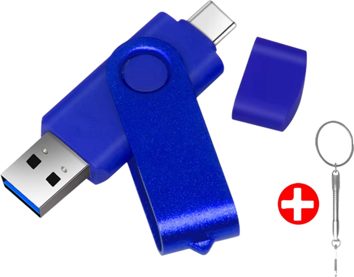 USB-C & USB-A Flash Drive 32GB– USB Stick Type-C – USB 3.0 Hoge Snelheid Geheugenstick – 2-in-1 USB Stick voor Telefoon, Laptop & PC – 360° Draaibaar – Blauw