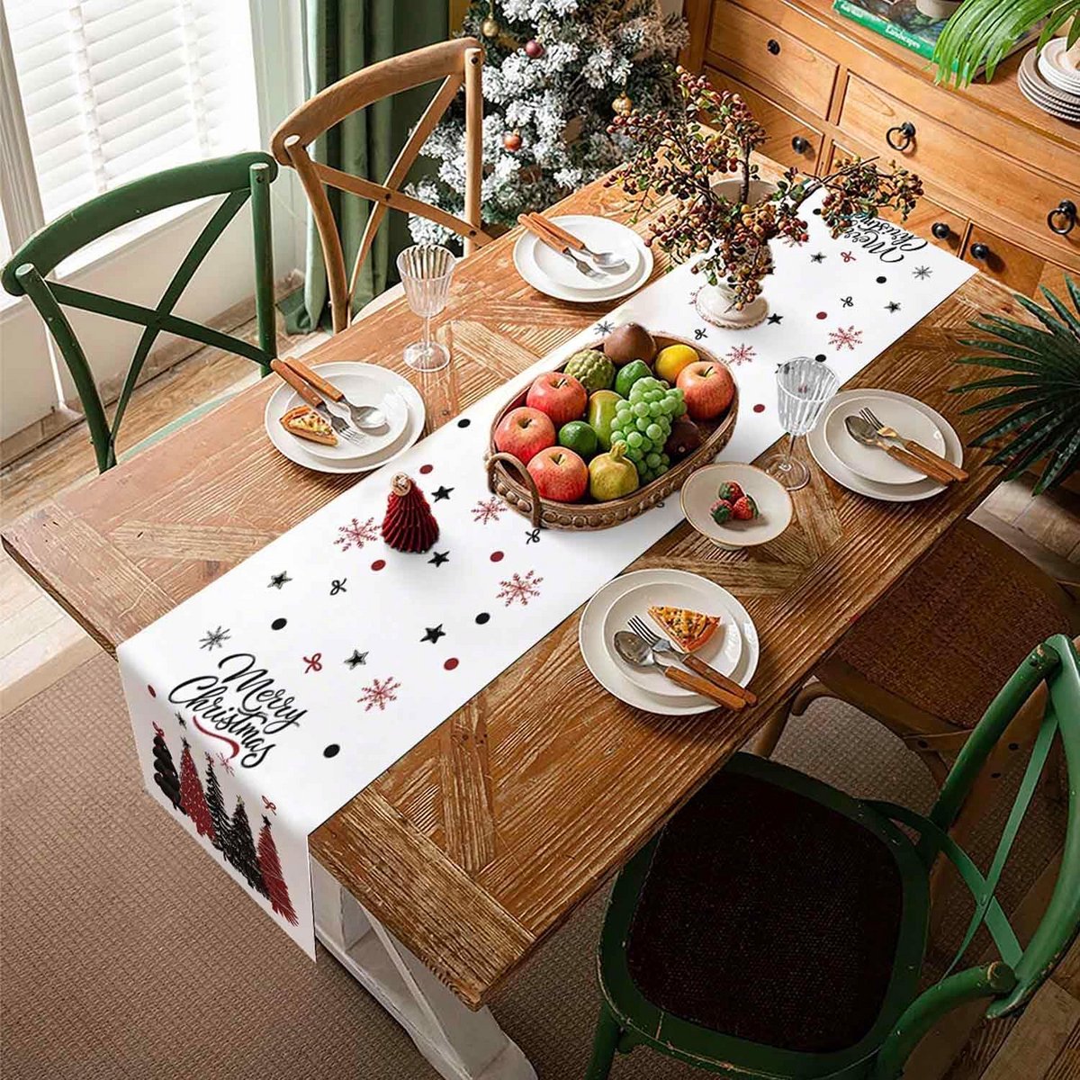 Elegante Kerst Tafelloper Zwart Rood Winterdecoratie 40x140 cm Wasbaar