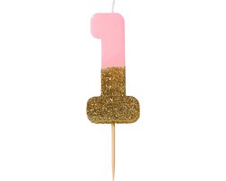 Roze Verjaardagskaars Nummer 1 met Gouden Glitter - Taartdecoratie Feest