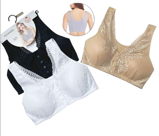 Drie MEDOOSI comfort beha's: zwart, wit en huidkleurig. Met kanten details en knoopsluiting aan de voorkant.