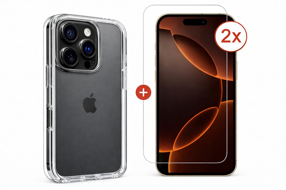 Transparant Hoesje en 2 Stuks Screenprotector - Case - Geschikt voor Apple iPhone 16 Pro Max - Inclusief Screenprotector - Backcover - Transparant - Doorzichtig Screenprotector - Glasplaat - Tempered Glass - Gorilla - Extra Sterk - Beschermglas