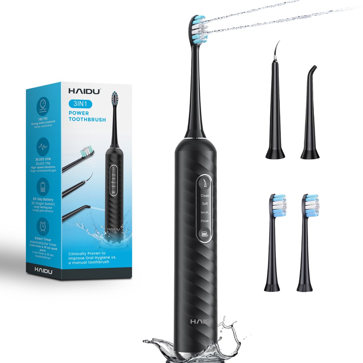 HAIDU 3 in 1 Elektrische Tandenborstel met 3 Opzetstukken - Zwart - Deze informatie volgt nog / Ces informations suivront bientôt - €69,95