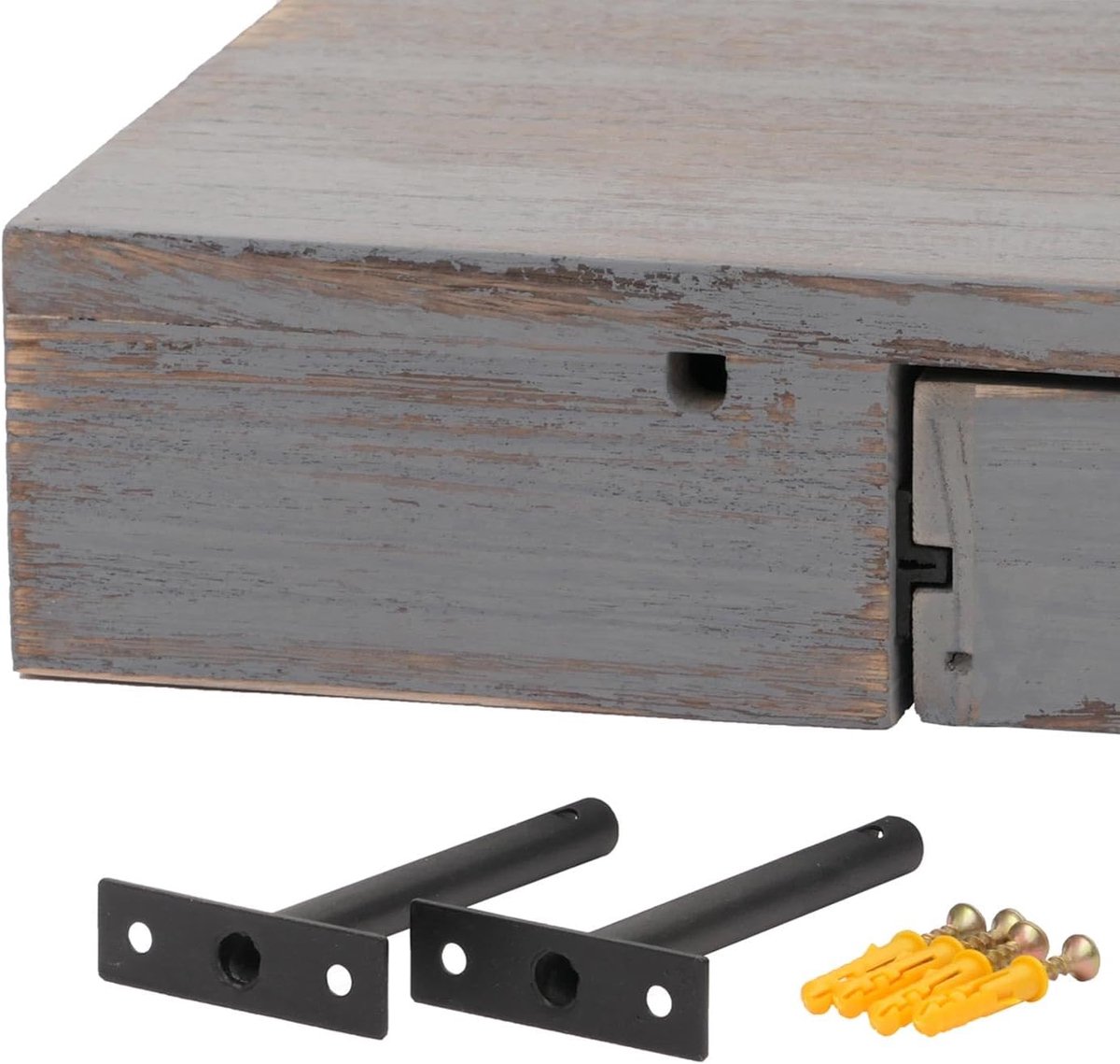 Wandplank met Lade – Pauwhome Vintage Zwevende Wandplank van Massief Hout 80 cm – Grijs Shabby – Floating Wall Shelf voor Woonkamer, Slaapkamer & Hal – Afmetingen op aanvraag – Pauwhome