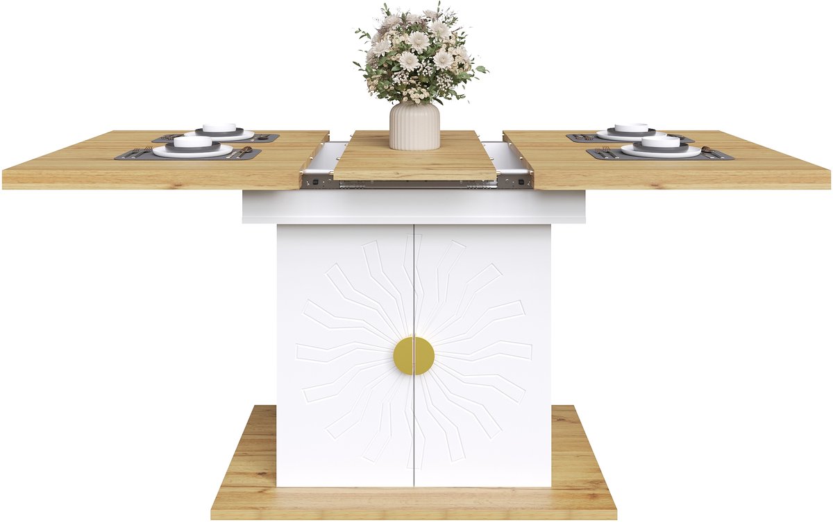 Uitrekbare Eettafel / Keukentafel - Met Zon Reliëf & Gouden Accenten - Uitbreidbaar tot 140 cm & Dubbele Opbergplanken