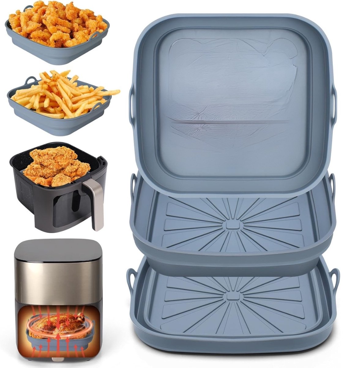 Famanu – Air Fryer Siliconen Pot - 3 Stuks Airfryer Liners Herbruikbare Heteluchtfriteuse Pan Mand Vierkant Opvouwbare Tray Rack Basket Accessoires voor Lucht Frituur - Magnetron - Oven (Grijs)