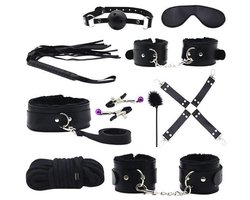 BDSM Set - 10 Delig - Gag Ball & Zweep - Seksspeeltjes - Handboeien - Zwart