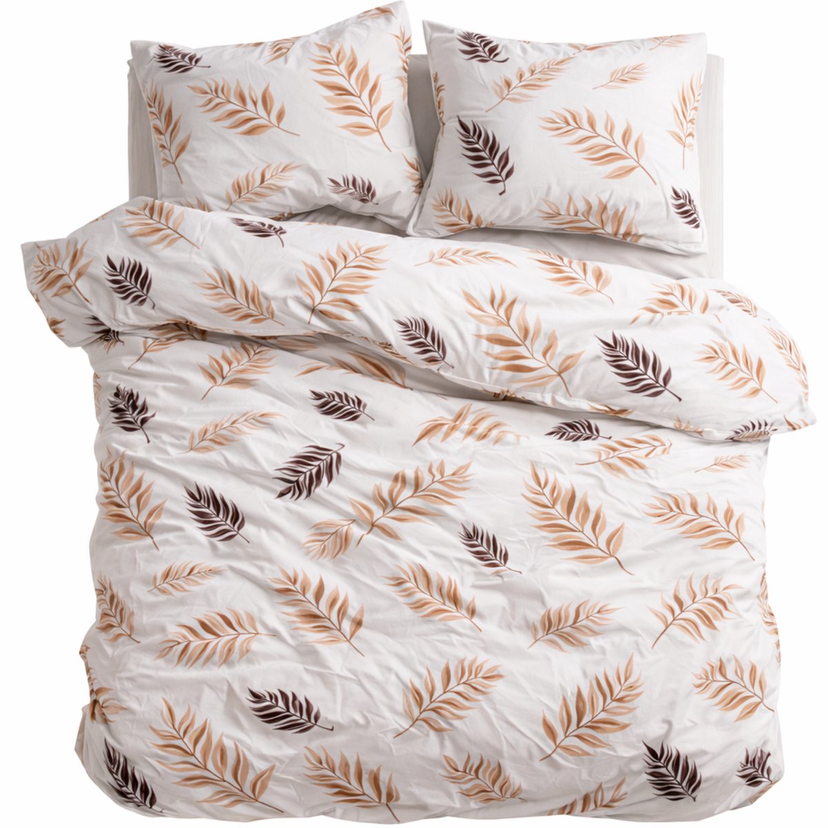 Happynest - Dekbedovertrek -Tweepersoons - 200x220 cm – Met 2 Kussenslopen - 60*70 cm – Naturel Bladeren