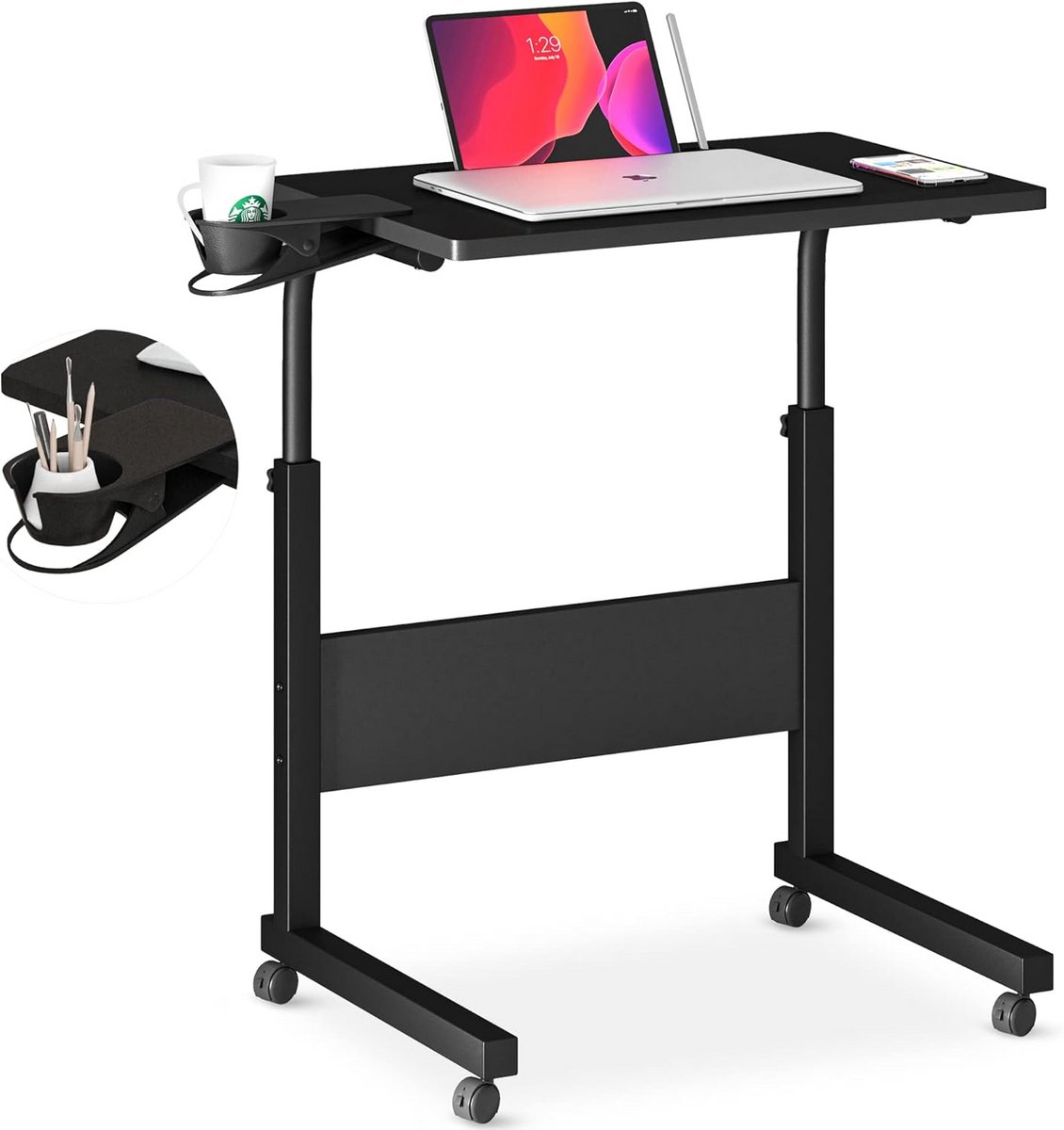 Verstelbaar Mobiel Dienblad Tafel Bureau op Wielen - Zwart