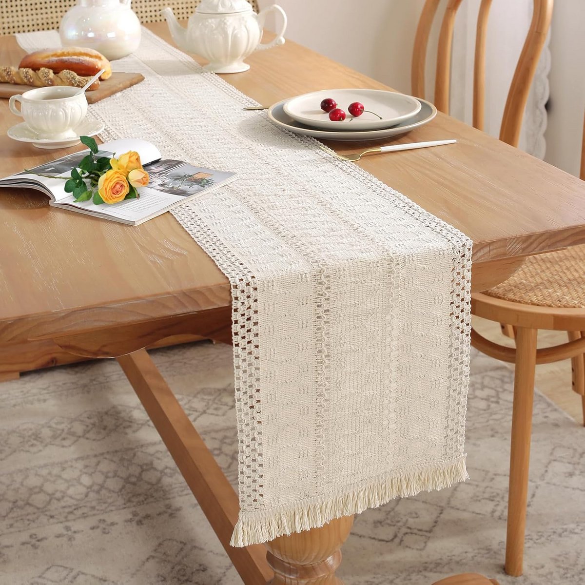 Boho Chic Macrame Tafelloper Beige/Zwart 180x30 cm Katoen voor Eettafel Decoratie