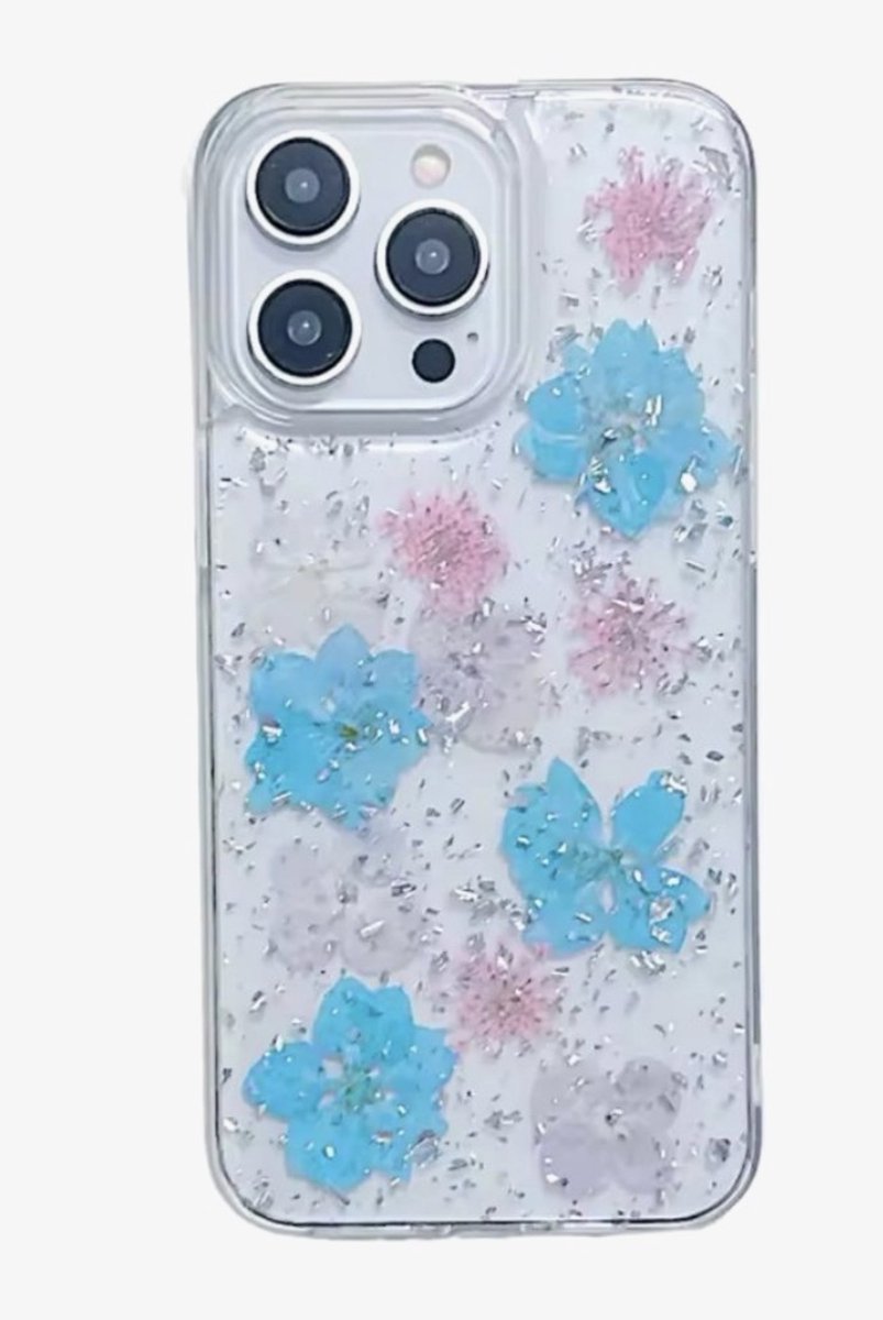 Iphonehoesje, telefoonhoesje, hoesje voor je Iphone 15 met echte droogbloemen in een blauwe kleurstelling